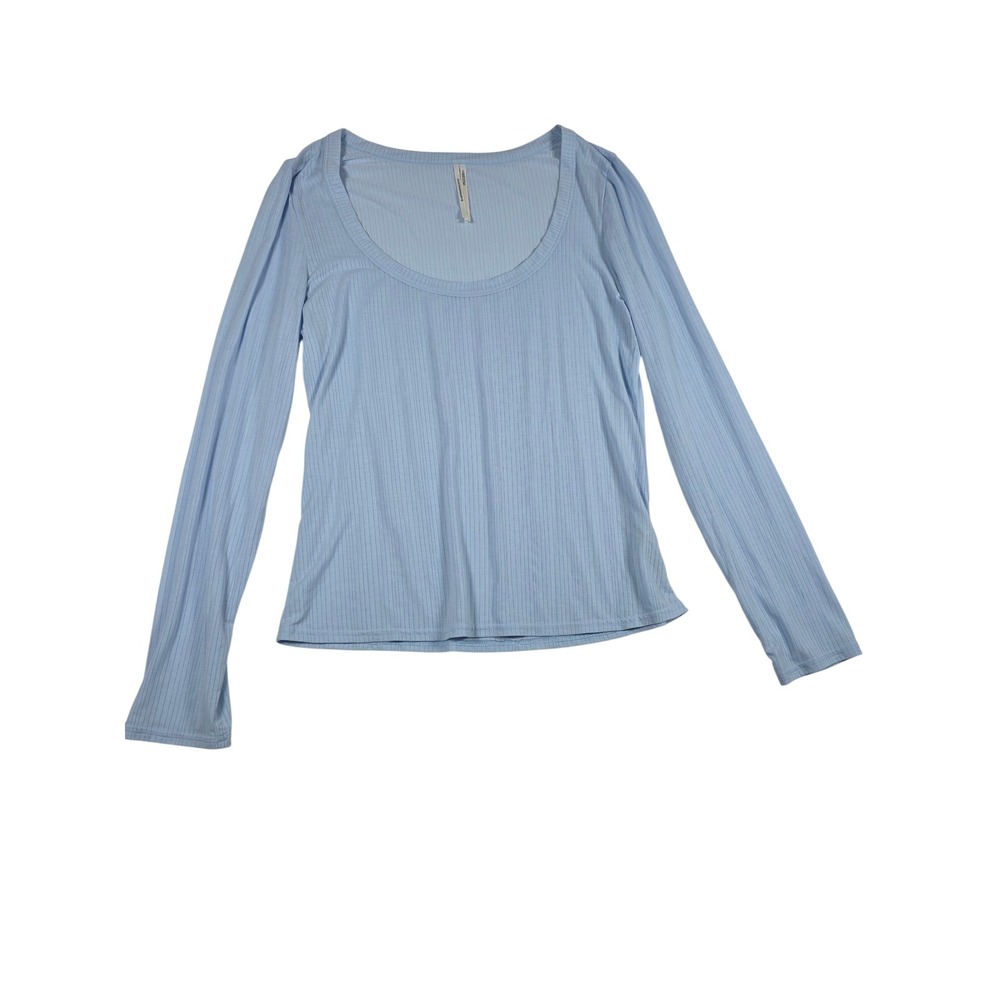 Anthropologie Long Sleeve Ribbed Scoop Neck Top Large Light Blue Coquette Basic